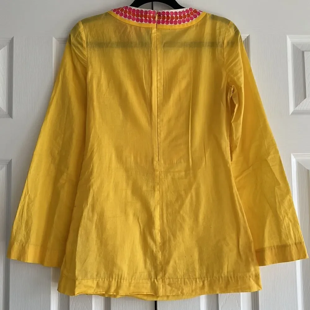 Tory Burch Yellow Embellished Tunic Top Sequin Neck Cotton Size 4